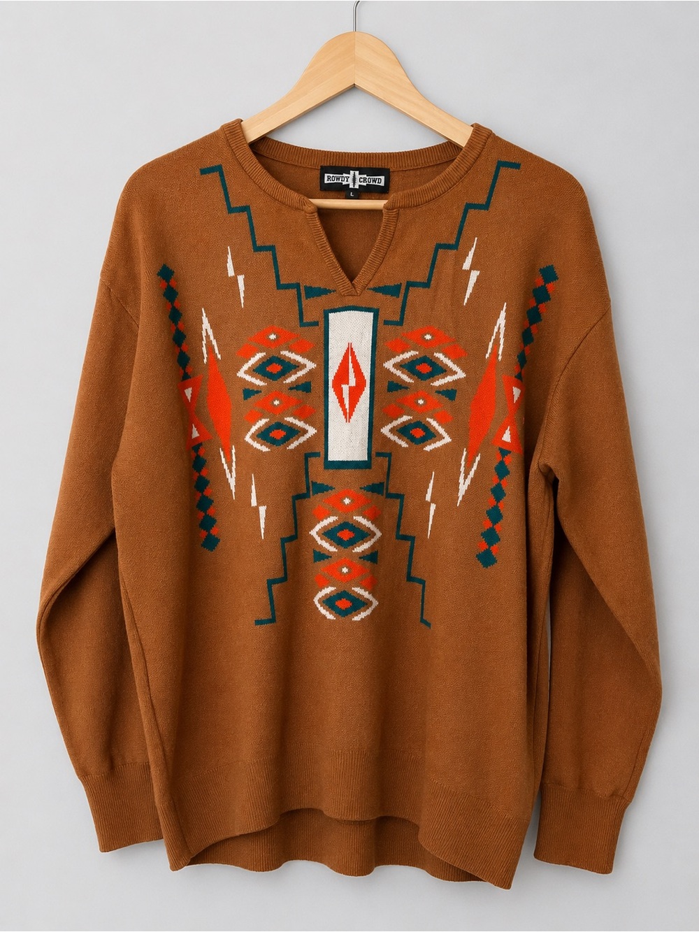 Rowdy Crowd Southwestern Aztec Knit Sweater Rust Brown Western Pullover